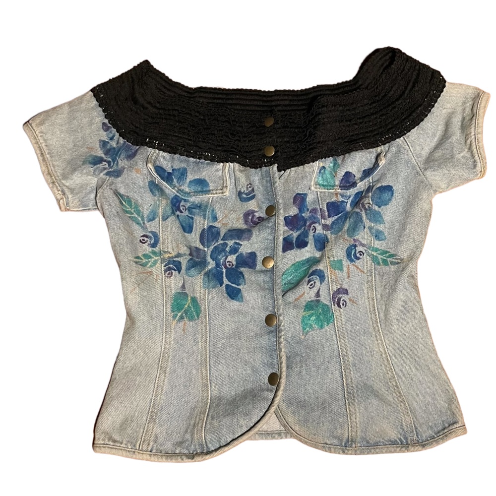 Vintage Denim Handmade Corset Style Repurposed Jeans Top Hand Painted in 80s